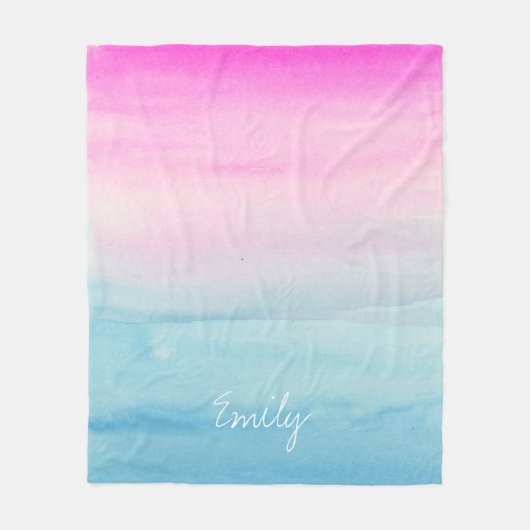 Roze en blauw Waterverf Ombre | Jouw naam toevoege Fleece Deken (Voorkant)