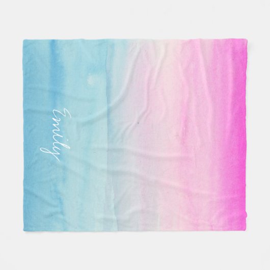 Roze en blauw Waterverf Ombre | Jouw naam toevoege Fleece Deken (Voorkant (Horizontaal))