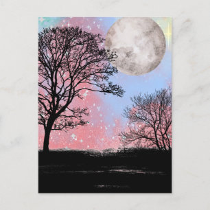 Roze en blauw Waterverf Sky Trees en Moon Briefkaart