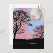 Roze en blauw Waterverf Sky Trees en Moon Briefkaart (Voorkant / Achterkant)