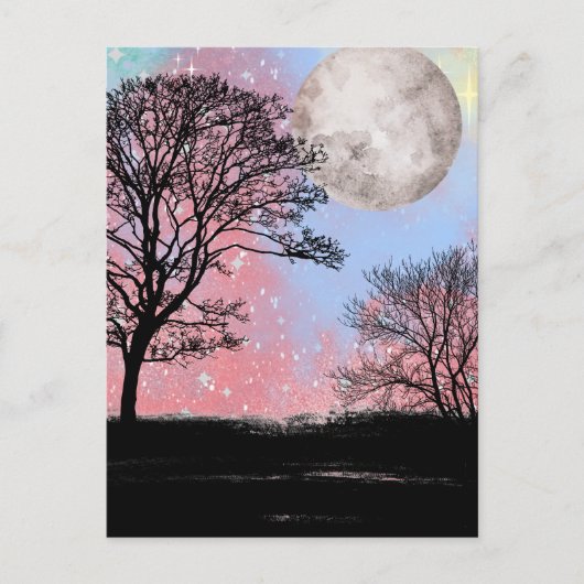 Roze en blauw Waterverf Sky Trees en Moon Briefkaart (Voorkant)