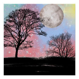 Roze en blauw Waterverf Sky Trees en Moon Perfect Poster