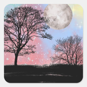 Roze en blauw Waterverf Sky Trees en Moon Vierkante Sticker