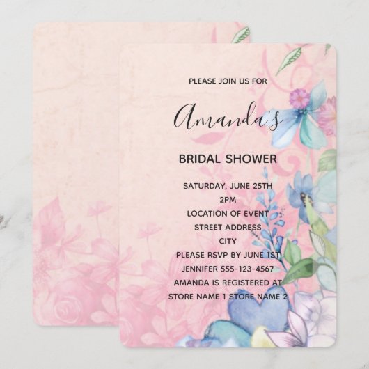  Roze en Blauw Wildbloemen Vrijgezellenfeest Kaart (Voorkant / Achterkant)