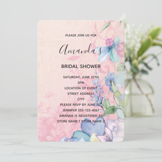  Roze en Blauw Wildbloemen Vrijgezellenfeest Kaart (Staand voorkant)