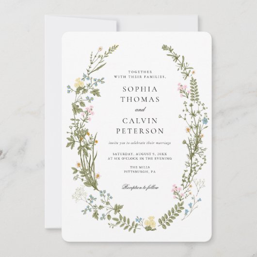 Roze en Blauw Wildflower Bruiloft Kaart (Voorkant)