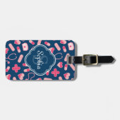 Roze en Blauw zurenpatroon met monogram Bagagelabel (Voorkant horizontaal)
