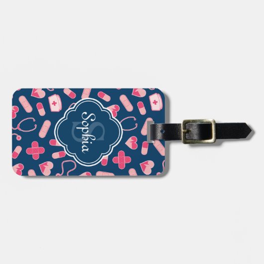 Roze en Blauw zurenpatroon met monogram Bagagelabel (Voorkant horizontaal)