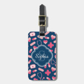 Roze en Blauw zurenpatroon met monogram Bagagelabel (Voorkant verticaal)