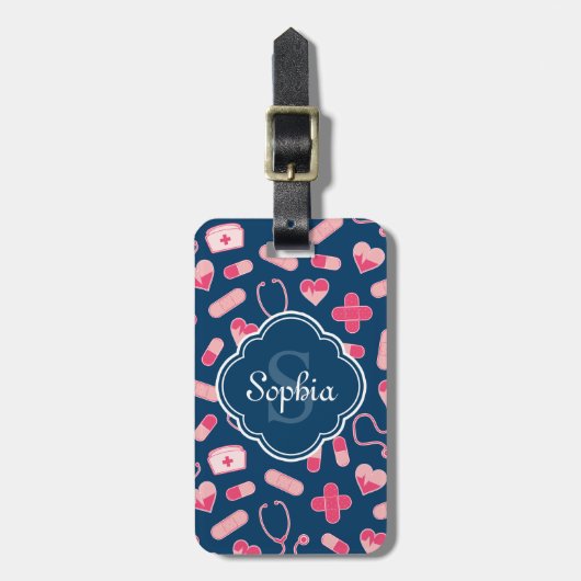 Roze en Blauw zurenpatroon met monogram Bagagelabel (Voorkant verticaal)
