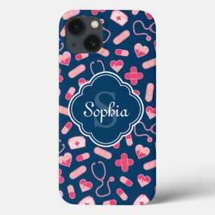 Roze en Blauw zurenpatroon met monogram Case-Mate iPhone Case