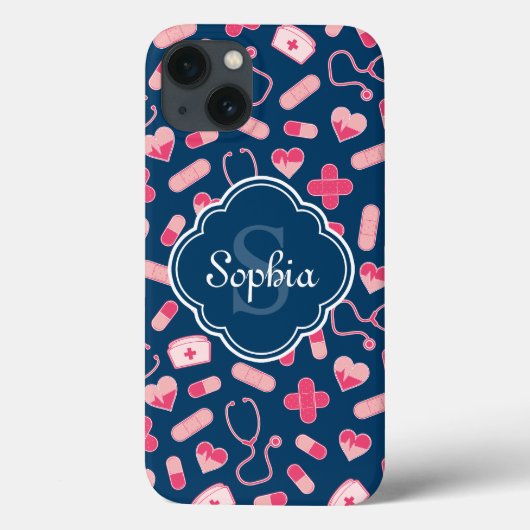 Roze en Blauw zurenpatroon met monogram Case-Mate iPhone Case (Achterkant)