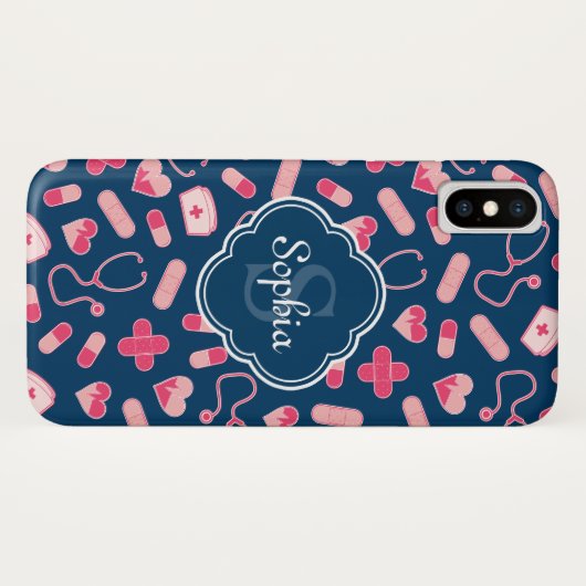 Roze en Blauw zurenpatroon met monogram Case-Mate iPhone Case (Achterkant (horizontaal))