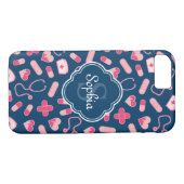 Roze en Blauw zurenpatroon met monogram Case-Mate iPhone Case (Achterkant (Horizontaal))