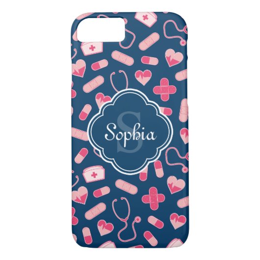 Roze en Blauw zurenpatroon met monogram Case-Mate iPhone Case (Achterkant)