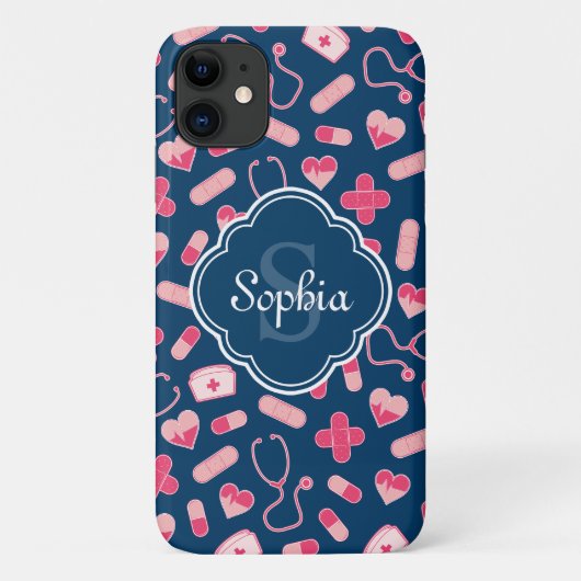 Roze en Blauw zurenpatroon met monogram Case-Mate iPhone Case (Achterkant)