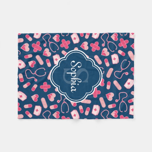 Roze en Blauw zurenpatroon met monogram Fleece Deken (Voorkant (Horizontaal))