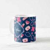 Roze en Blauw zurenpatroon met monogram Koffiemok (Voorkant links)