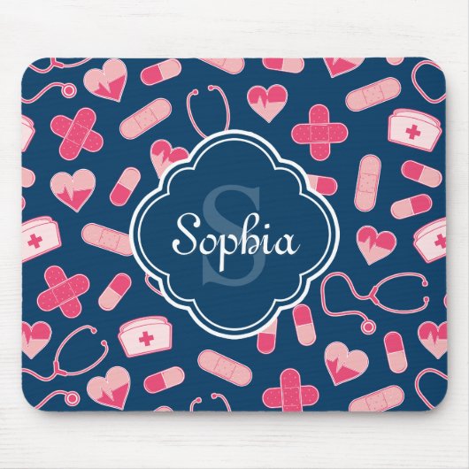 Roze en Blauw zurenpatroon met monogram Muismat (Voorkant)