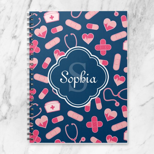 Roze en Blauw zurenpatroon met monogram Notitieboek
