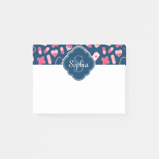 Roze en Blauw zurenpatroon met monogram Post-it® Notes (Voorkant)