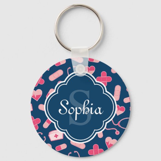 Roze en Blauw zurenpatroon met monogram Sleutelhanger (Voorkant)