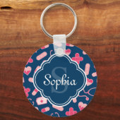 Roze en Blauw zurenpatroon met monogram Sleutelhanger (Voorkant)
