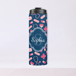 Roze en Blauw zurenpatroon met monogram Thermosbeker