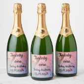 Roze en blauw zwart Lettering 21e Verjaardagsfeest Sparkling Wijnetiket (Flessen)
