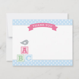 Roze en Blauwe ABC Blokken Vogel Baby Meisje Bedankkaart