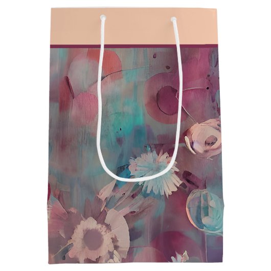 Roze en blauwe abstracte bloemen middelgrote gift medium cadeauzakje (Achterkant)