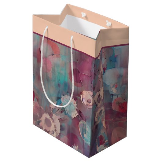 Roze en blauwe abstracte bloemen middelgrote gift  medium cadeauzakje (Achterkant Gekanteld)
