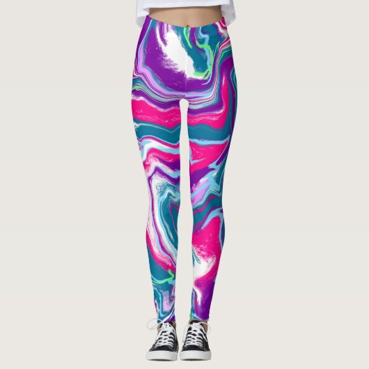 Roze en blauwe Abstracte Fluid Art Leggings (Voorkant)