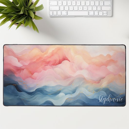 Roze en blauwe Abstracte golven gepersonaliseerd Bureaumat