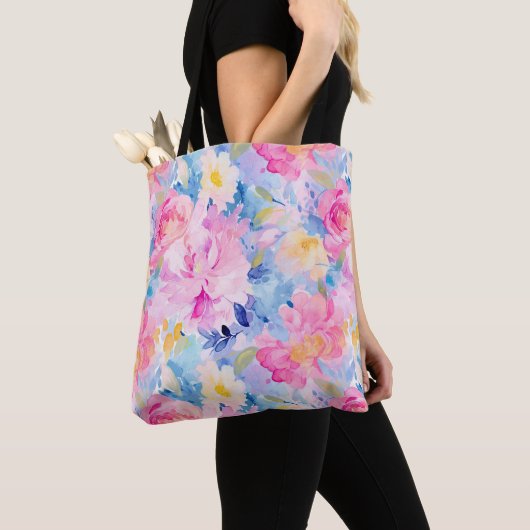 Roze en Blauwe Abstracte Waterverf Tote Bag (Dichtbij)