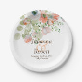 Roze en blauwe aquarel bloemig bruiloftspapier papieren bordje (Voorkant)