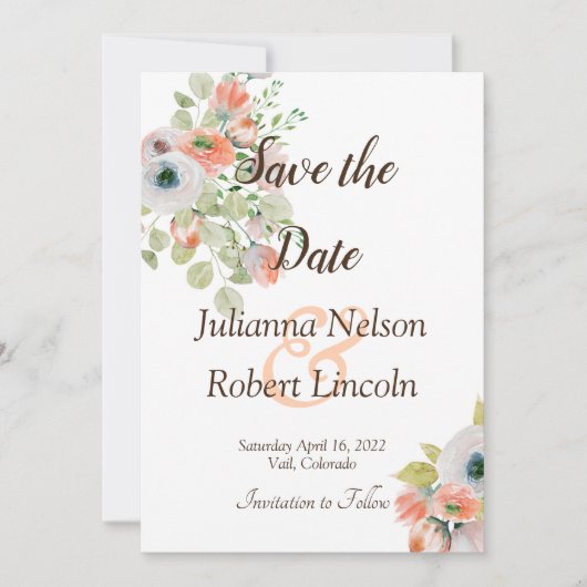 Roze en blauwe aquarel bloemige save the date uitn kaart (Voorkant)