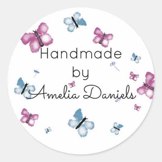 Roze en blauwe aquarel Butterfly Handgemaakt door Ronde Sticker (Voorkant)