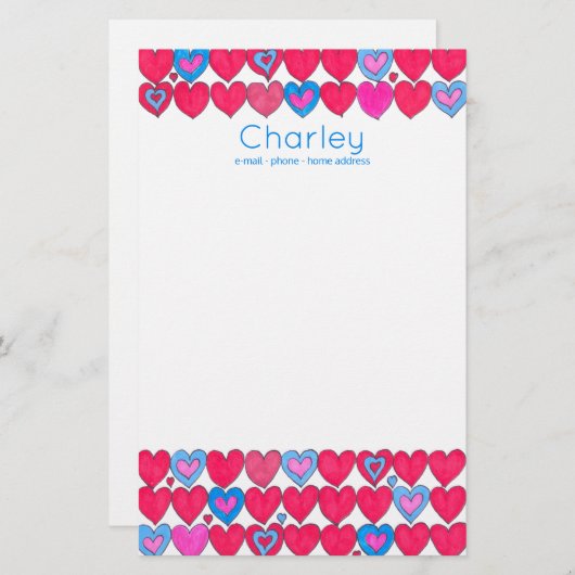 Roze en blauwe aquarel harten gepersonaliseerd briefpapier (Voorkant / Achterkant)
