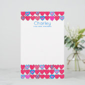 Roze en blauwe aquarel harten gepersonaliseerd briefpapier (Staand voorkant)