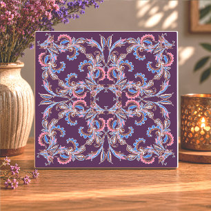 Roze en blauwe Arabesque-tegel op koninklijk pruim Tegeltje