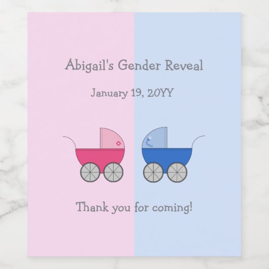 Roze en blauwe Baby Carriage Gender Reopenbaarmaki Wijn Etiket (Enkel label)