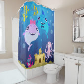 Roze en blauwe Baby Shark Shower Curtain Douchegordijn (In situ)