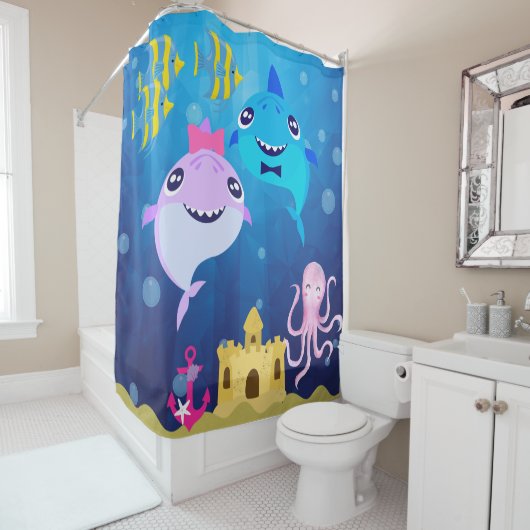 Roze en blauwe Baby Shark Shower Curtain Douchegordijn (In situ)