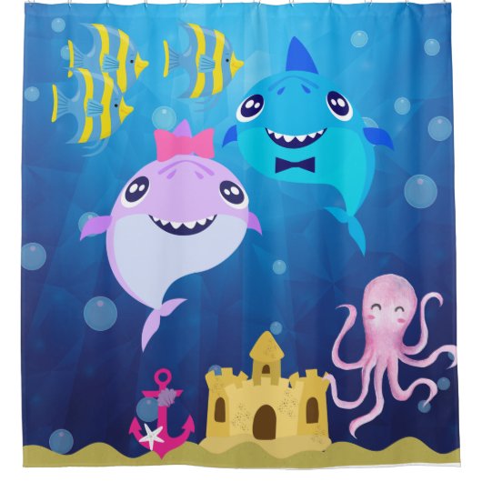 Roze en blauwe Baby Shark Shower Curtain Douchegordijn (Voorkant)