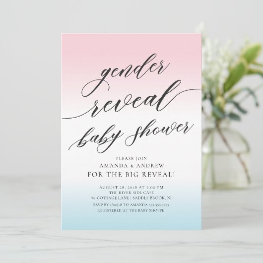 Roze en blauwe Baby shower onthullen uitnodiging (Staand voorkant)