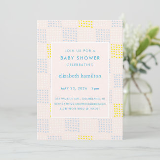 Roze en blauwe baby shower uitnodiging met stippen