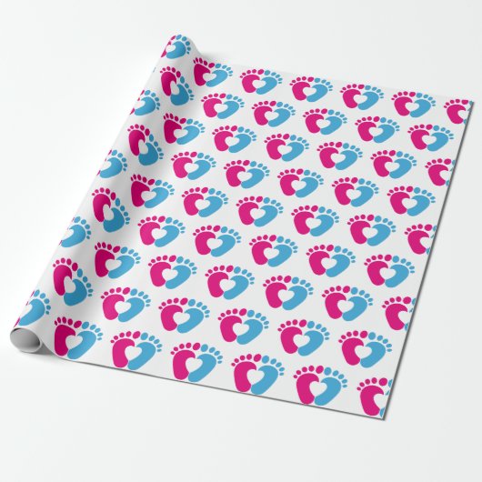 Roze en blauwe Baby voetafdruk Cadeaupapier (Uitgerold)