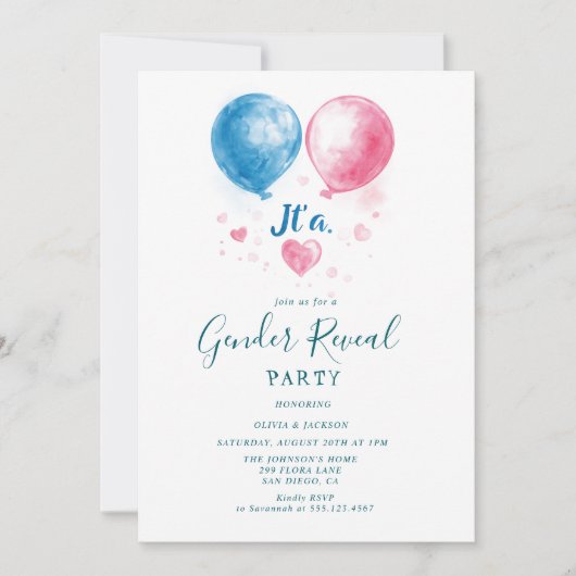 Roze en blauwe ballonnen Gender Reveal Party Kaart (Voorkant)