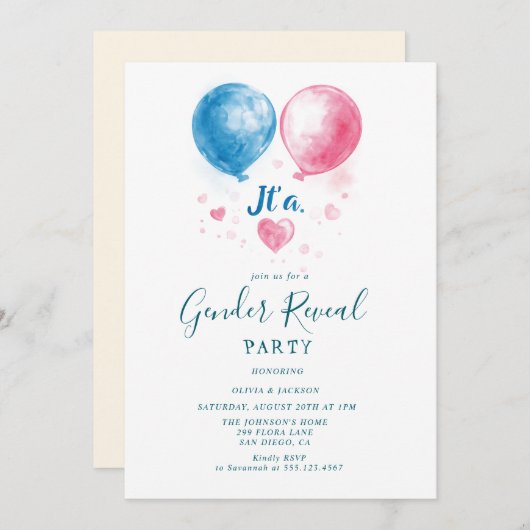 Roze en blauwe ballonnen Gender Reveal Party Kaart (Voorkant / Achterkant)